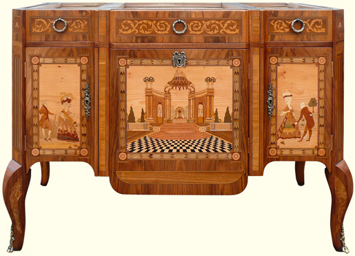 Replica piece of marquetry furniture drawn up from photographs of the original